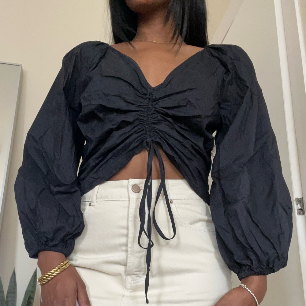 Mango Blue Ruched Crop Blouse with 3/4 Sleeves